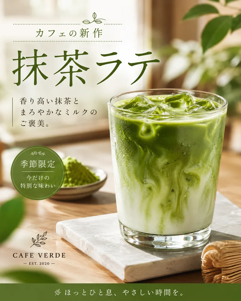 ChatGPT で生成した抹茶ラテの広告画像。「カフェの新作」「抹茶ラテ」「季節限定」「CAFE VERDE」の文字と、グラスに入ったアイス抹茶ラテ