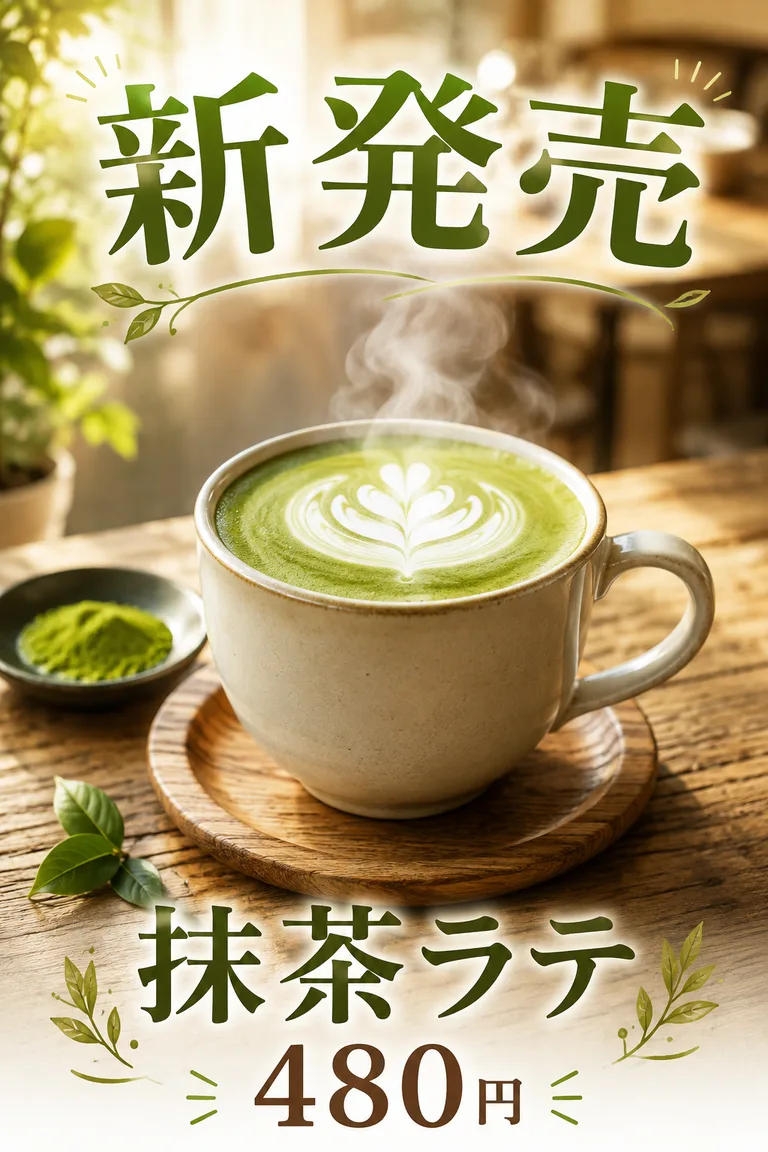 抹茶ラテの広告ポスター。上に大きく「新発売」、湯気の立つラテアートのカップ、下に「抹茶ラテ 480円」