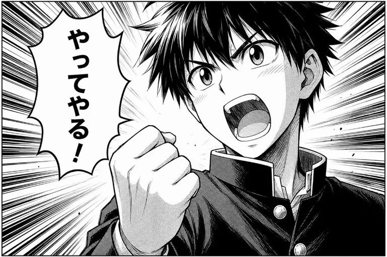 白黒の少年マンガの1コマ。学ランの男子高校生が拳を握って叫び、吹き出しに縦書きで「やってやる！」