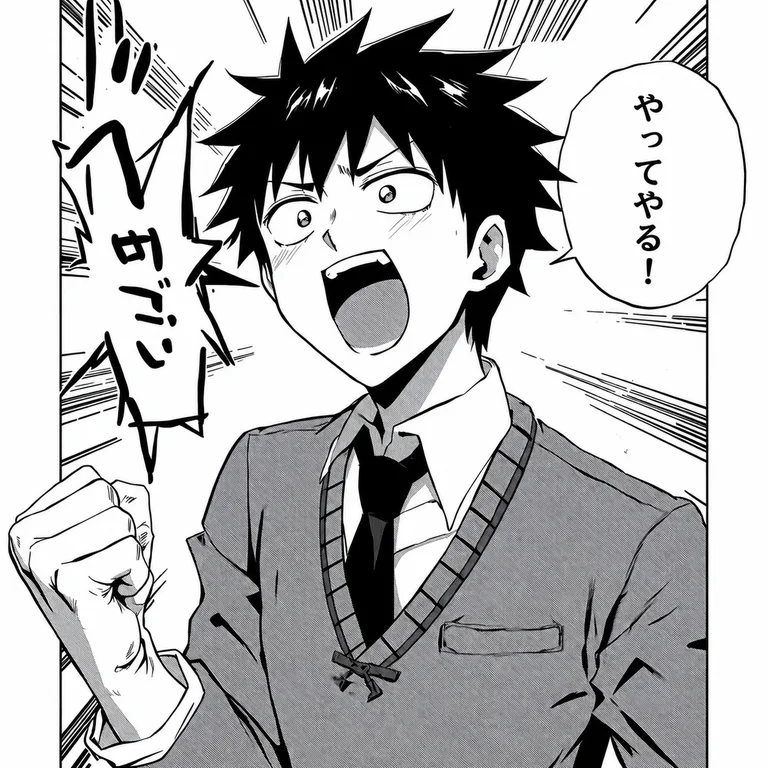 ChatGPT で吹き出しの文字だけを「やってやる!」に直したマンガ。絵は元のまま