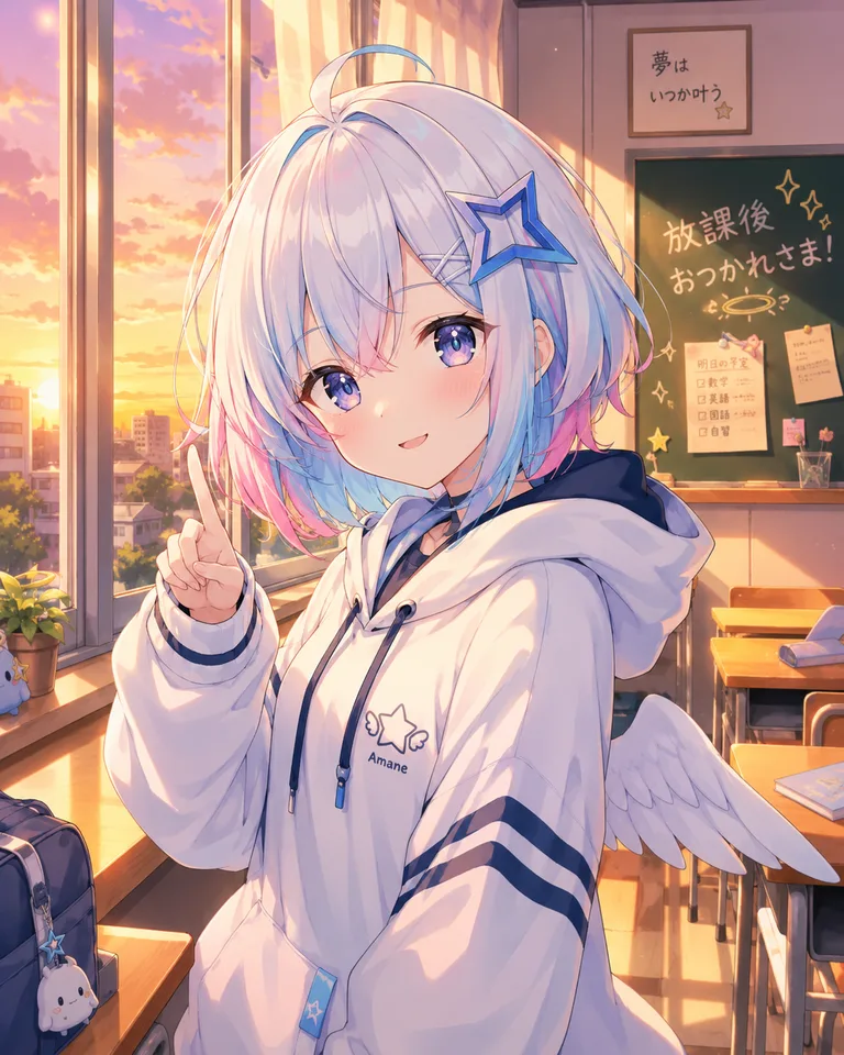 アニメ調のイラスト。放課後の教室の窓際で、白・水色・ピンクの髪に青い星の髪飾りをつけた女の子が人差し指を立てて微笑む。背中に小さな天使の羽