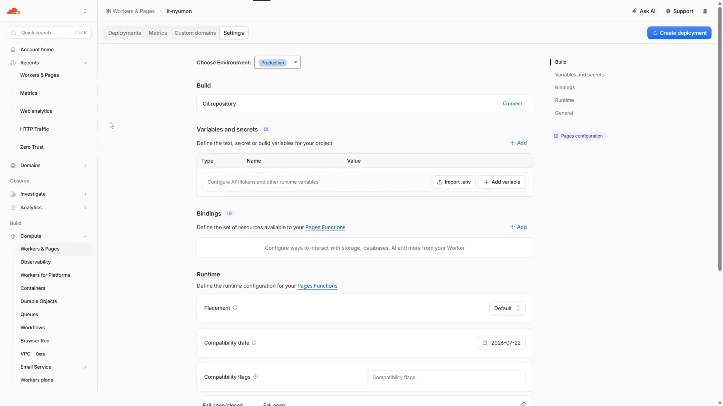 Settings の画面。Build セクションの Git repository が Connect のままで、GitHub と連携していない状態