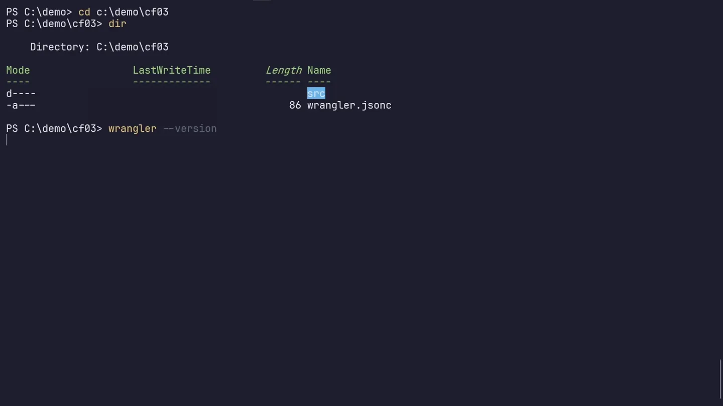ターミナルで dir を実行した結果。src フォルダと wrangler.jsonc の2件だけが並び、wrangler --version は 4.129.0 と表示されている