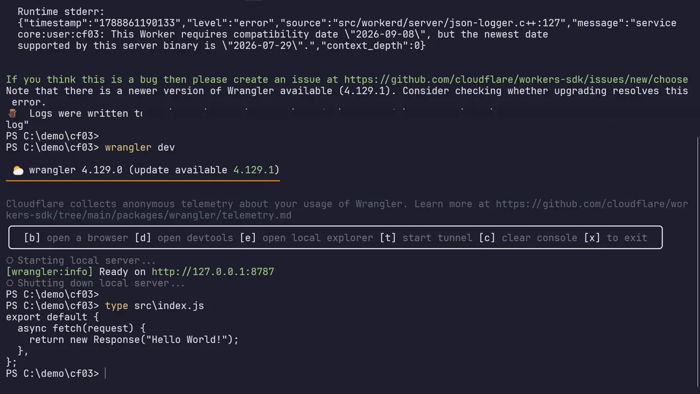 ターミナルで type src\index.js を実行し、5行のコードが表示されている