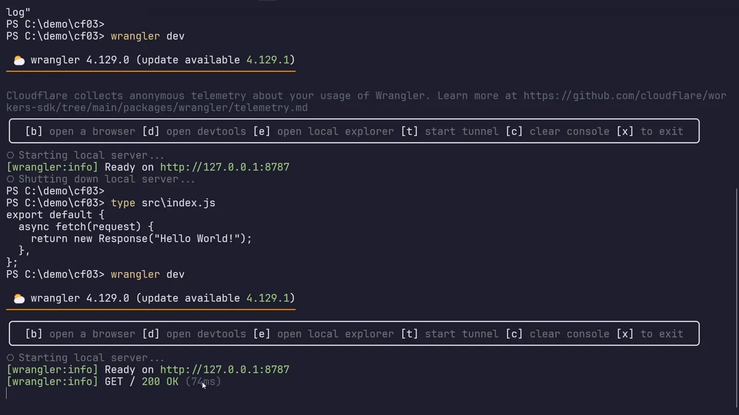 wrangler dev の実行結果。Ready on http://127.0.0.1:8787 と表示され、[b] open a browser [t] start tunnel などのキー操作の案内が出ている