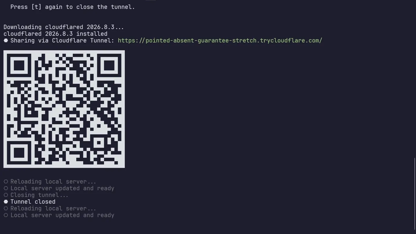 [t] を押した結果。cloudflared が自動で入り、trycloudflare.com の一時URLとQRコードが表示されている