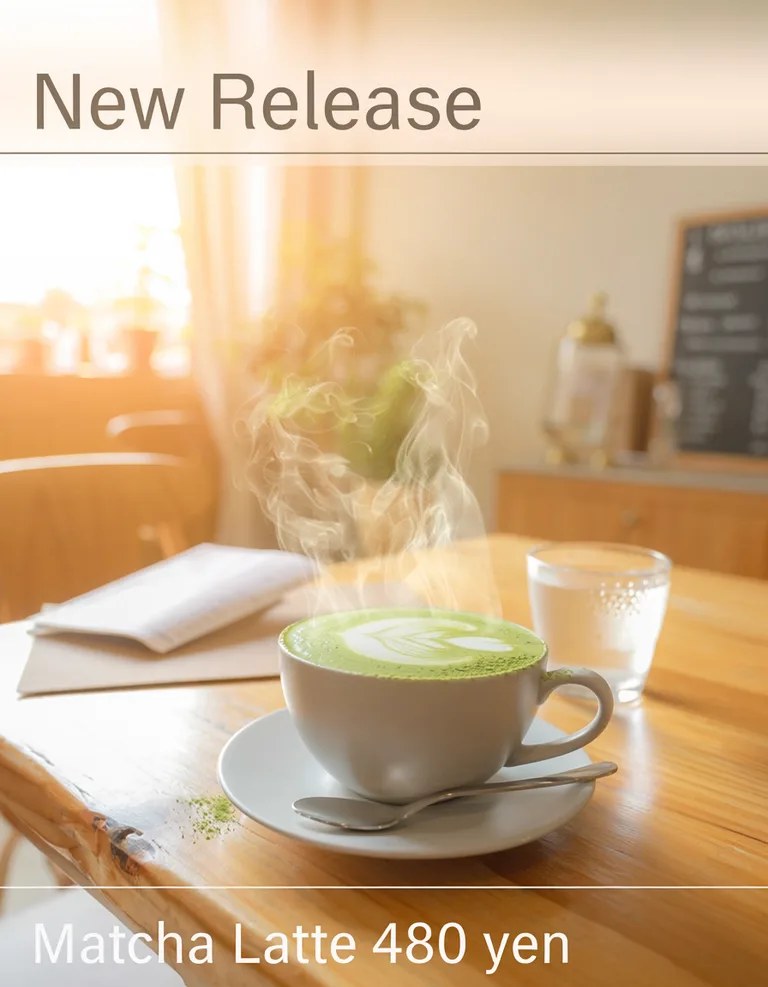 Adobe Firefly(Firefly Image 5)で生成した抹茶ラテの広告ポスター。木のテーブルに湯気の立つラテアートのカップ。上に New Release、下に Matcha Latte 480 yen の英字
