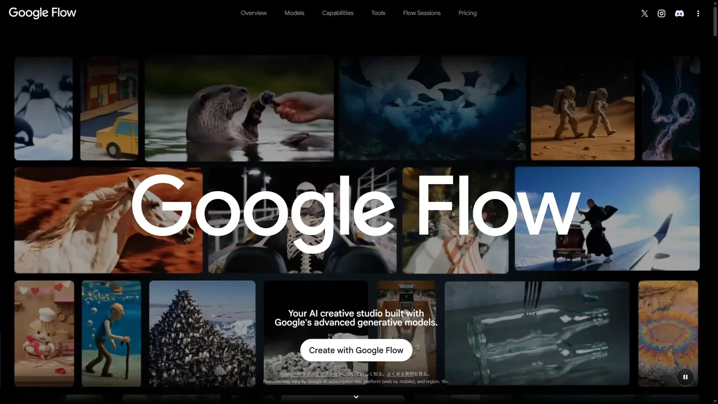 Google Flow のトップページ。生成された動画のサムネイルがタイル状に並び、中央に Google Flow のロゴと「Create with Google Flow」ボタンがある