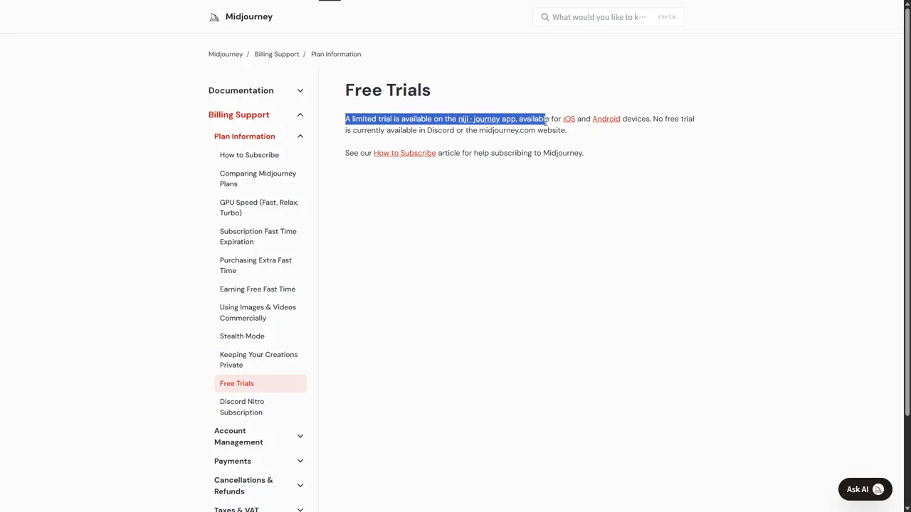 Midjourney の公式ヘルプ「Free Trials」のページ。A limited trial is available on the niji・journey app. No free trial is currently available in Discord or the midjourney.com website. と書かれている
