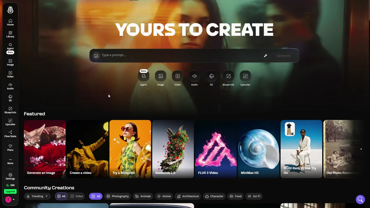 Leonardo.Ai にログインした直後のホーム画面。中央に YOURS TO CREATE とプロンプト欄、左下に 150 と Upgrade ボタン
