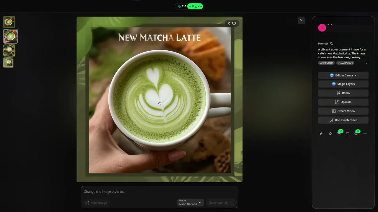 生成した抹茶ラテの画像を開いた画面。右側の Prompt 欄に A vibrant advertisement image for a cafe's new Matcha Latte... と英語のプロンプトが表示されている。上部の残量は 116