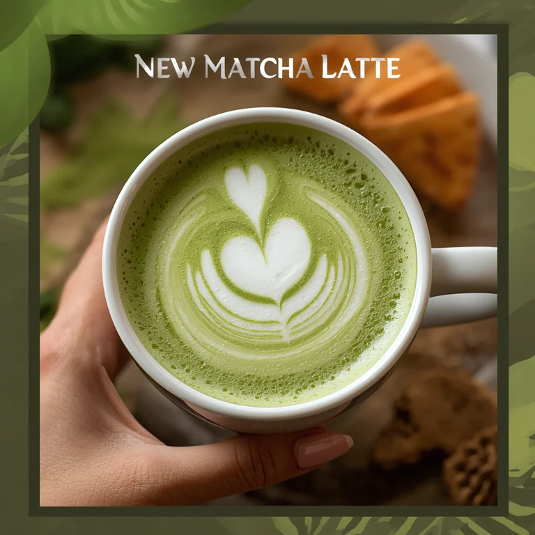 Leonardo.Ai で生成した抹茶ラテの広告画像。ラテアートのカップを手で持ち、上に NEW MATCHA LATTE の文字
