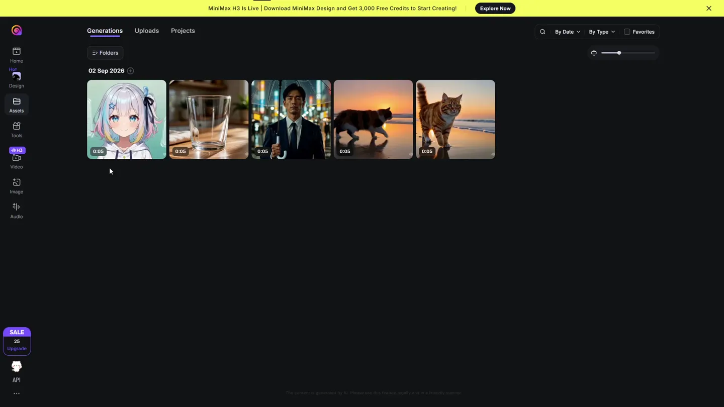Hailuo AI の Assets 画面。この日に生成した5本の動画（アニメ、牛乳、雨の交差点、三毛猫、猫）が並び、左下のクレジットが 25 になっている