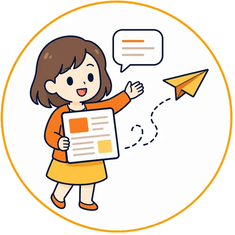 続けて発信するイメージイラスト。書いた記事を手に、紙飛行機を飛ばして発信する人