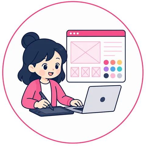 Webデザイナーのイメージイラスト。ワイヤーフレームとカラーパレットを前に、ペンタブレットでデザインする女性